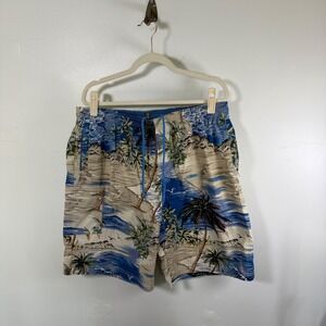 Tori Richard Board Shorts XL Blue Tan Hawaiian Palm Tree Swim Trunks Mens